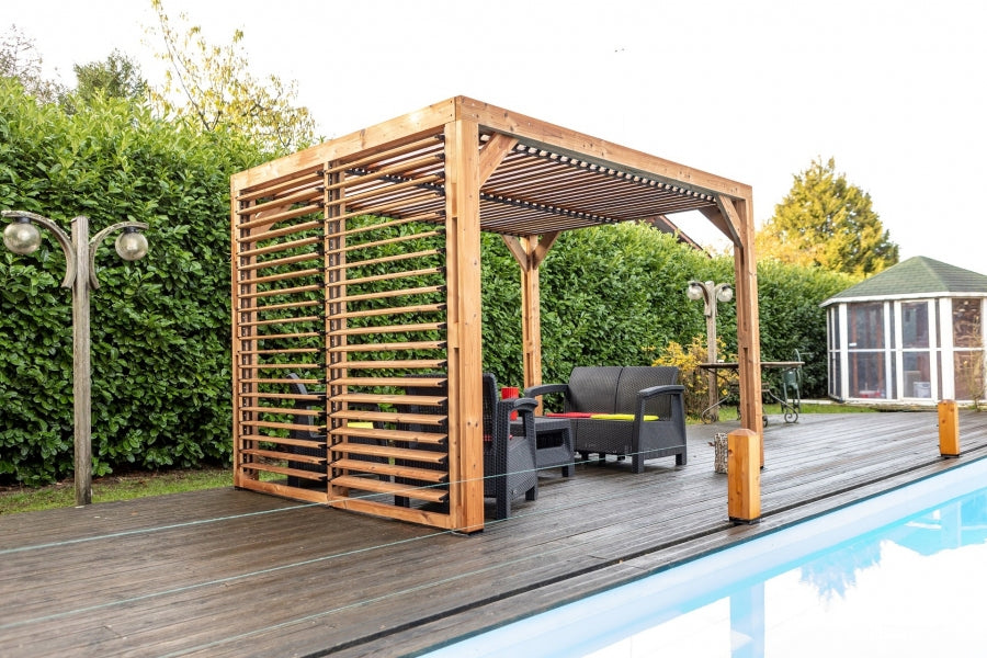 Pergola In Legno Termo-trattato Con Veneziane Mobili Sul Tetto E Su Una Parete 313x224cm Foresta